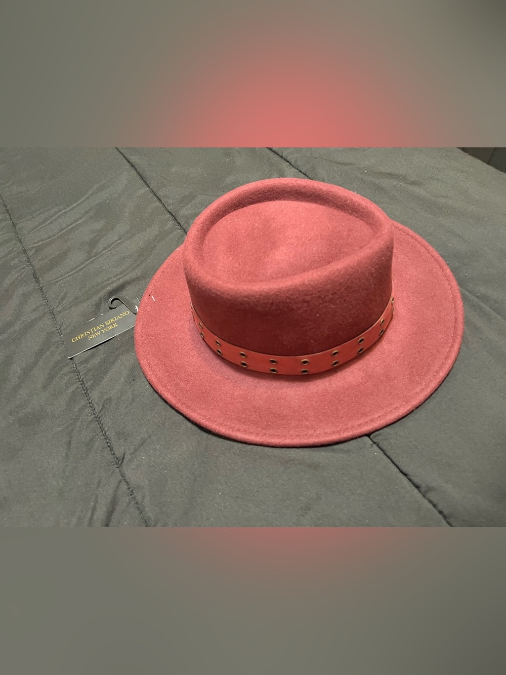 Christian Siriano Burgundy 100% Wool Grommet Wide Brim Fedora Hat NWT